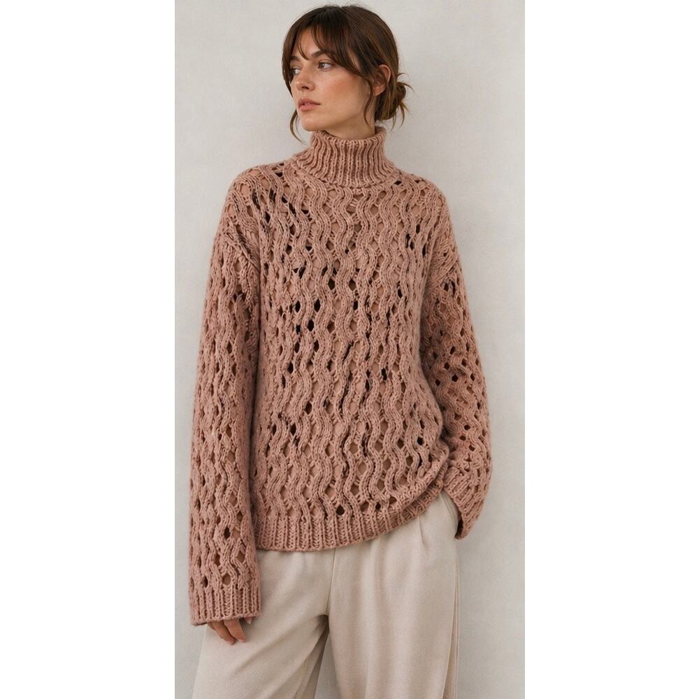 Attic & Barn Tudaio Turtleneck Chunky Cable Knit Wool Blend Neutral Pullover M